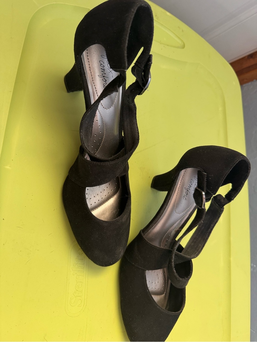 dexflex comfort Black Suede Mary Jane Heels with Ankle Strap